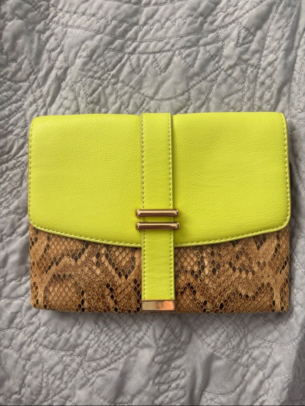 Neon Yellow & Snake-Print Evening Clutch